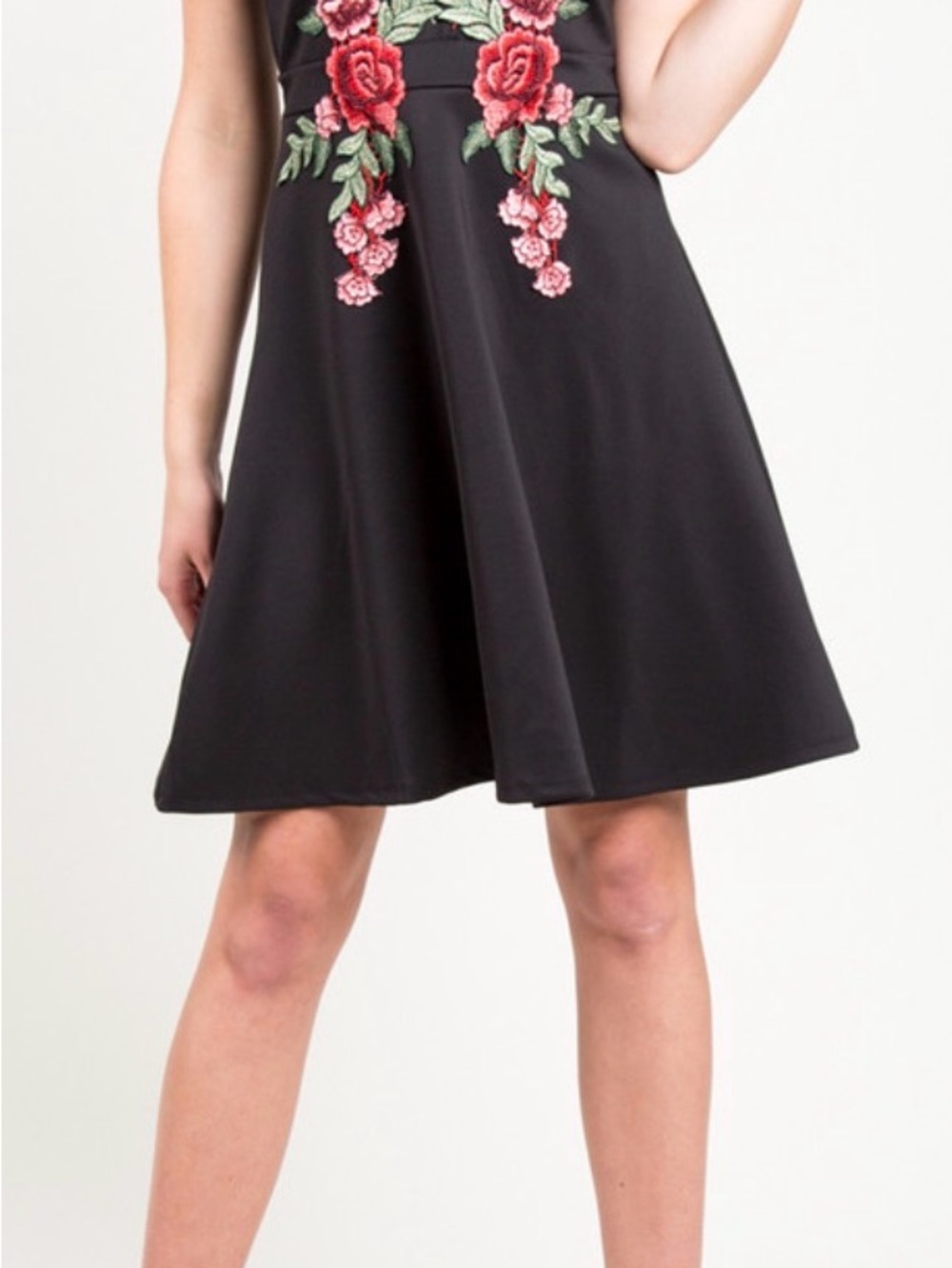 Dex Black Mini Dress with Pink and Red Floral Embroidery
